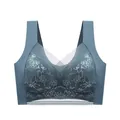 Elegant gray-blue seamless lace bra with fixed cups and wireless support for comfort. - L / Tops / Dark Blue