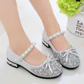 Elegant girls' silver glitter Mary Jane shoes with pearl strap and rhinestone bow - 26 / Silver