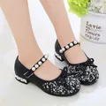 Black girls' princess shoes with pearls, bow, and sparkling rhinestones for parties - 26 / Black