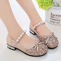 Elegant rose gold girls' princess shoes featuring bow rhinestones and a decorative pearl strap - 26 / Pink