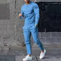 Full view of men's casual light blue long-sleeve tracksuit and jogger pants set. - M / Top And Bottom / Light Blue