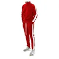 Vue complète d'un survêtement rouge vif pour homme avec bandes latérales blanches - Rouge