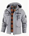 Detailopname van grijze jas met capuchon, oranje geruite voering en borstopdruk - 5XL(95-105KG) / Tops / Klassiek 2889 Grijsblauw