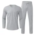 Grey men's casual two-piece set with long sleeve crew neck t-shirt and drawstring pants - M / Top And Bottom / Light Gray