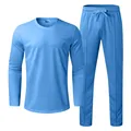 Detail view of light blue men's solid long-sleeve T-shirt and pants set - M / Top And Bottom / Light Blue