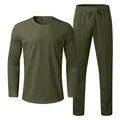 Detailed view of olive green men's long sleeve T-shirt and pants set with crew neck - M / Top And Bottom / Army Green