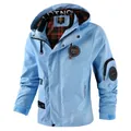 Casual men's light blue hooded jacket parka with badge details and plaid lining - 5XL / Tops / Light Blue