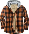 Macro view of men's checkered hooded flannel jacket with thick warm fleece lining - S / Tops / Orange Plaid
