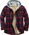 Detail of men's red plaid flannel jacket with warm fleece lining and a grey jersey hood. - S / Tops / Red and Blue Plaid