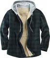 Close-up of men's plaid hooded jacket featuring soft fleece lining for winter warmth - Green Plaid
