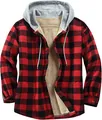Men's red and black plaid flannel jacket with thick warm fleece lining and grey hood - Red/Black Plaid