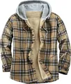 Detailed macro view of men's warm fleece-lined plaid flannel hooded jacket in khaki tan - Khaki Plaid