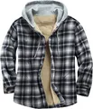 Detail shot of a men's plaid flannel jacket with thick fleece lining and grey hood. - Black and White Plaid