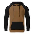 Two-tone men's thickened fleece pullover hoodie with raglan sleeves and kangaroo pocket. - Black and Khaki Patchwork