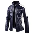 Men's navy blue and white faux leather motorcycle jacket with fleece lining SKU - S / Tops / Dark Blue