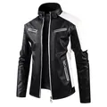 Men's black and white contrast motorcycle PU leather jacket with warm fleece lining - Black