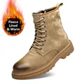 Warme khakifarbene Herren-Lederstiefeletten mit Fleece-Futter und dicker Gummisohle - 38 / Gelb Fleece-Futter