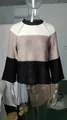 Women's casual three-color striped color-block knit sweater in white beige and black - S / Tops / Black