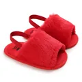 Red fuzzy baby sandals with elastic back strap for infant girls learning to walk. - 12cm / Red