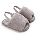 Close-up of fluffy grey faux fur baby sandals with a comfortable elastic heel strap. - 13cm / Gray