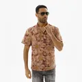 Men's vintage cotton linen floral print short sleeve shirt featuring a classic stand collar design - S / Tops / Orange