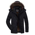 Men's mid-length winter parka coat with thick fleece lining and faux fur hood in black - L / Tops / Black