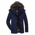Men's navy blue mid-length winter parka with faux fur hood and warm fleece lining - L / Tops / Dark Blue