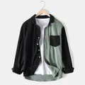 Detail of color block corduroy shirt jacket for men with chest pocket and waffle texture - Green