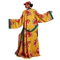 Detailed rear view of long yellow floral print kimono robe with green trim and waist tie - M / Tops / Gold