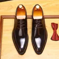 Men's dark brown genuine leather Derby shoes with British style and pointed toe - 37 / Coffee