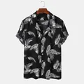 Men's stylish black short-sleeved Hawaiian beach shirt with white palm leaf print pattern - S / Tops / Black