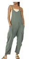 Close-up detail of sage green V-neck spaghetti strap jumpsuit with large side pockets - S / Jumpsuits / Green