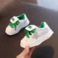 Casual white leather children's sneakers featuring green laces and a silver star patch - Size 15 (Inner Length 12cm) / Green (H755)