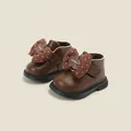 Winter warm brown toddler girl boots with a polka dot bow and cozy plush lining - Internal Length 11.5cm / Polka Dot Bow Ankle Boots (M9MBX6853) / Brown