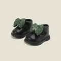 Toddler girl's black leather boots featuring a stylish green polka dot bow and flower - Internal Length 11.5cm / Polka Dot Bow Decorative Ankle Boots (M9MBX6853) / Black (M9MBX6853)