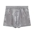 Detailed view of silver satin men's house shorts featuring a smooth, glossy finish - S / Bottoms / Gray