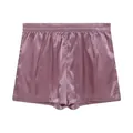 Macro view showing the glossy texture of men's satin lounge shorts in dusty rose color. - S / Bottoms / Light Pink