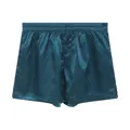 Close-up detail of men's teal satin loungewear shorts with elastic waistband. - Malachite green