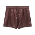 High-quality detail view of smooth brown satin men's lounge boxers with elastic waist. - Coffee