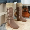 Women's taupe suede high-top wedge snow boots with faux fur lining and tassel back - 38 / Cotton Boots (LX-1210) / Khaki