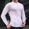 Dettaglio della maglia da uomo a maniche lunghe con trama a piccoli quadretti bianchi e girocollo - Bianco