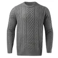 Classic men's grey cable-knit sweater featuring a warm crewneck and long sleeves - Gray