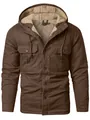 Men's heavy brown hooded jacket with thick fleece lining and multiple utility pockets - Brown
