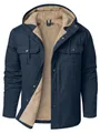 Men's navy blue heavy sherpa lined hooded winter jacket with multiple pockets design - Blue