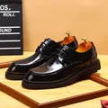 Men's shiny black patent leather derby shoes with thick soles for business formal wear - 37 / Black