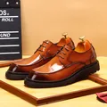 Elegant men's polished brown leather Derby shoes with thick soles and classic lacing style - 37 / Brown