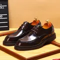 Premium men's classic shiny dark brown leather Derby shoes with durable thick soles - 37 / Coffee