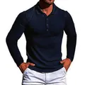 Men's long sleeve polo shirt featuring a ribbed texture and slim fit design - Navy Blue