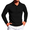 Close-up detail of a men's black ribbed long-sleeve polo shirt with vertical texture. - S / Tops / Black