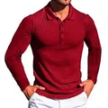 Close-up of red long-sleeved Polo shirt with ribbed vertical stripe texture - S / Tops / Red
